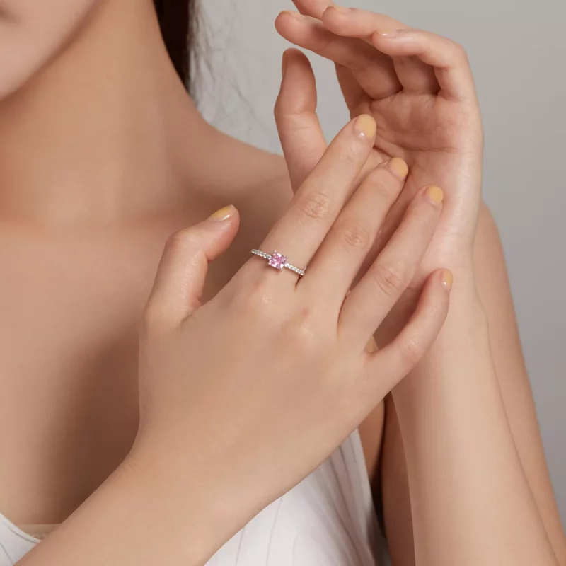 (imagen para) Anillo de estilo Pandora con halo cuadrado de brillo - BSR191 - Ver 8
