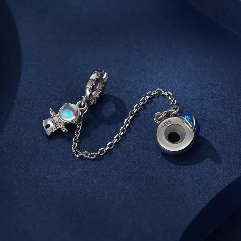 (imagen para) Cadena de seguridad con estilo Pandora con astronauta y planeta - BSC792 - Ver 3