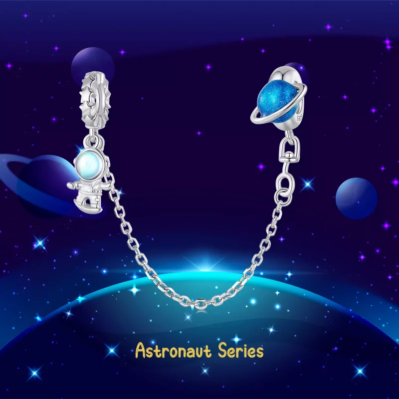 (imagen para) Cadena de seguridad con estilo Pandora con astronauta y planeta - BSC792 - Ver 4