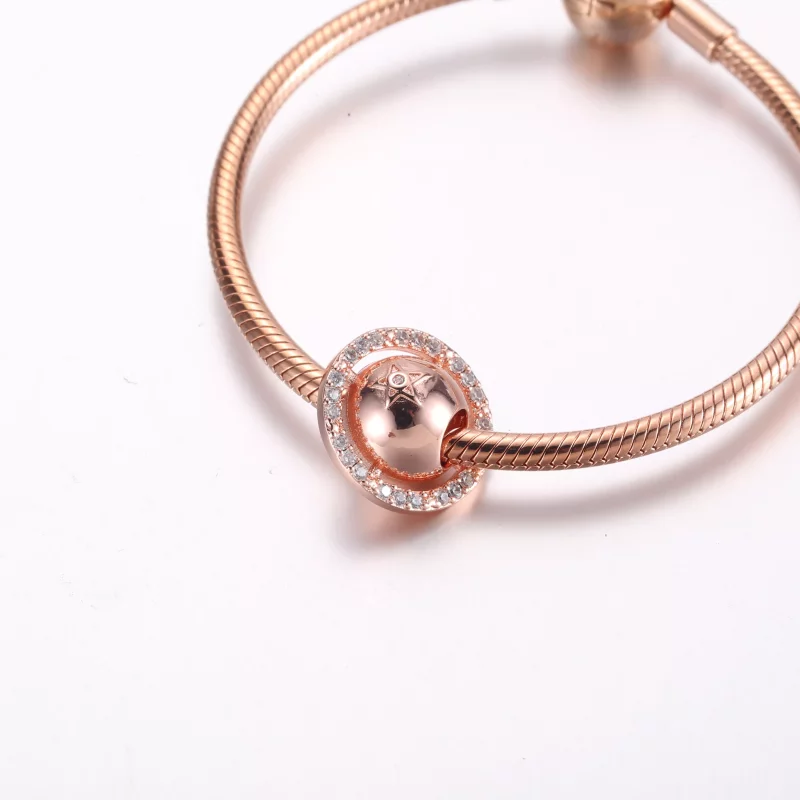(imagen para) Pandora Planeta Saturno Charm chapado en oro rosa de 14k con circonita cúbica tr - Ver 6