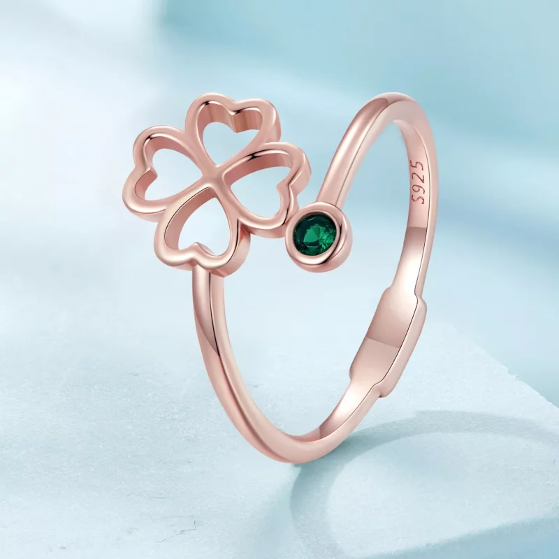 (imagen para) Anillo abierto de trébol de cuatro hojas en estilo Pandora en color oro rosa - S - Ver 2