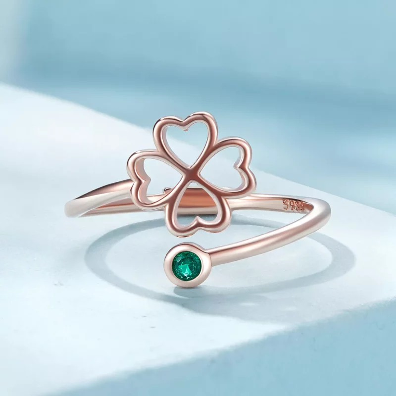 (imagen para) Anillo abierto de trébol de cuatro hojas en estilo Pandora en color oro rosa - S - Ver 3