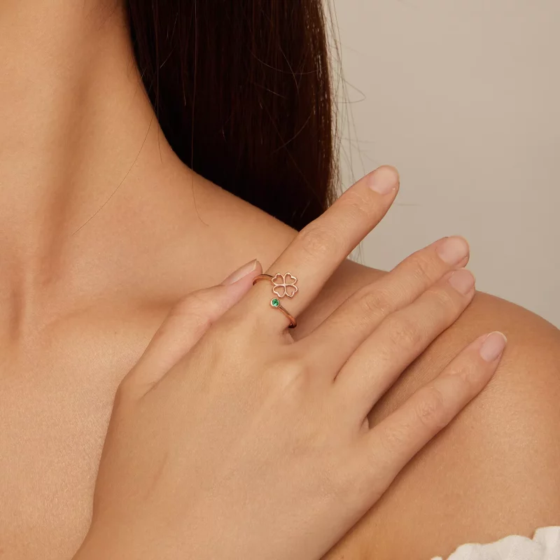 (imagen para) Anillo abierto de trébol de cuatro hojas en estilo Pandora en color oro rosa - S - Ver 4