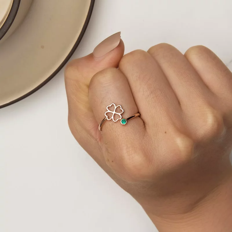 (imagen para) Anillo abierto de trébol de cuatro hojas en estilo Pandora en color oro rosa - S - Ver 6