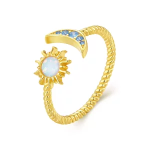 (imagen para) Anillo abierto estilo Pandora con diseño de sol, luna y estrellas - SCR796-B