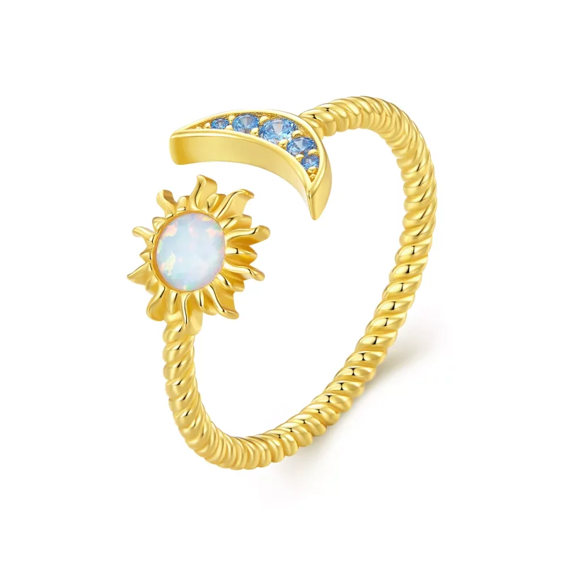 (imagen para) Anillo abierto estilo Pandora con diseño de sol, luna y estrellas - SCR796-B