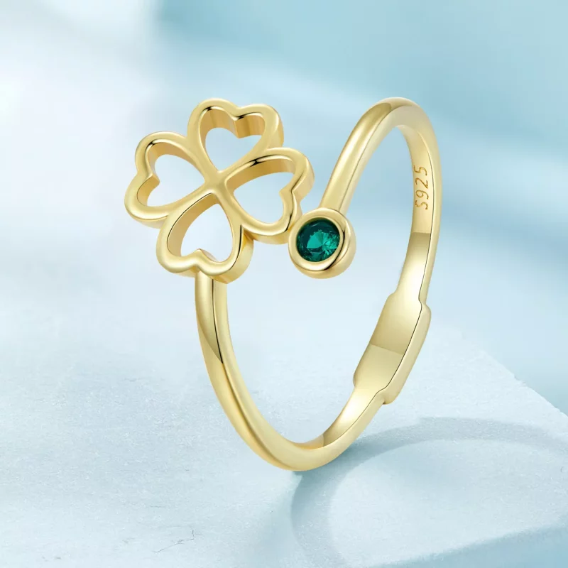 (imagen para) Anillo abierto estilo Pandora con trébol de cuatro hojas dorado - SCR843-B - Ver 2