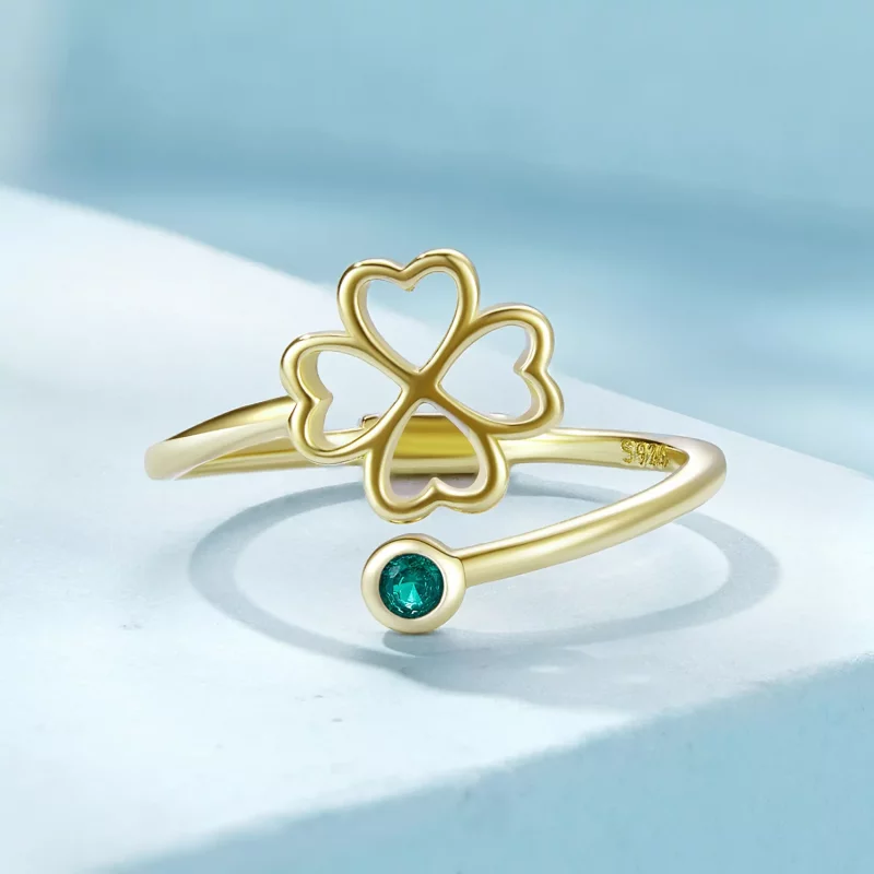 (imagen para) Anillo abierto estilo Pandora con trébol de cuatro hojas dorado - SCR843-B - Ver 3
