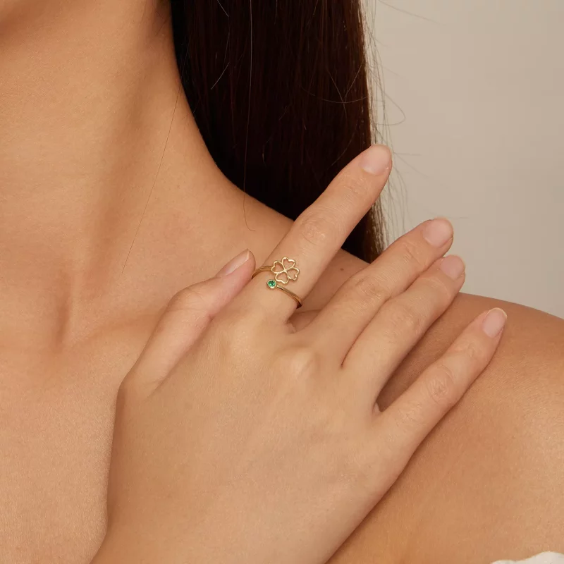 (imagen para) Anillo abierto estilo Pandora con trébol de cuatro hojas dorado - SCR843-B - Ver 4