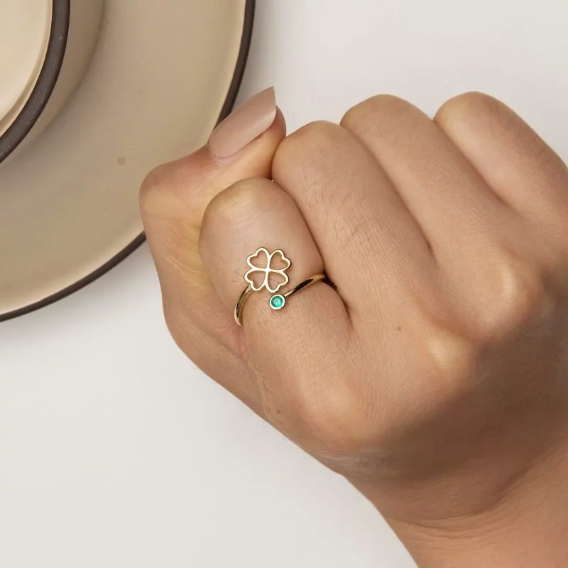 (imagen para) Anillo abierto estilo Pandora con trébol de cuatro hojas dorado - SCR843-B - Ver 6