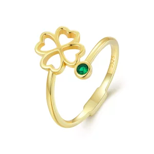 (imagen para) Anillo abierto estilo Pandora con trébol de cuatro hojas dorado - SCR843-B