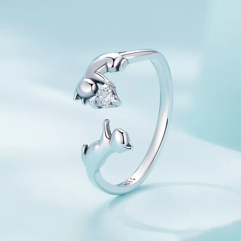 (imagen para) Anillo abierto estilo Pandora jugando con gatos - SCR916 - Ver 2