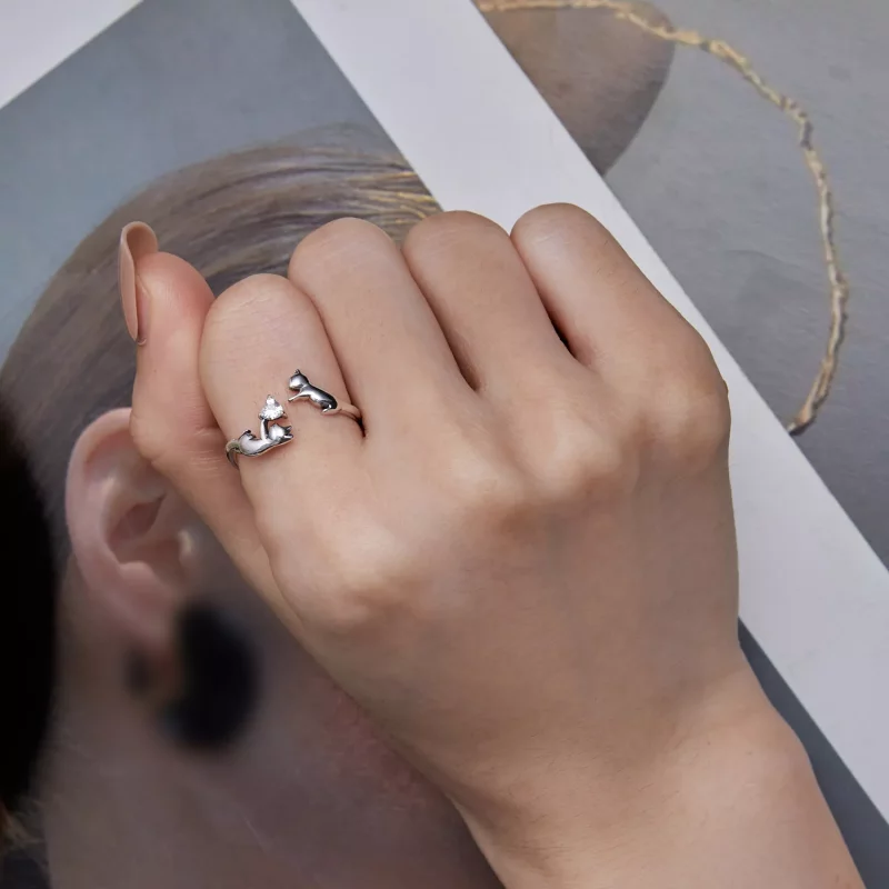 (imagen para) Anillo abierto estilo Pandora jugando con gatos - SCR916 - Ver 7