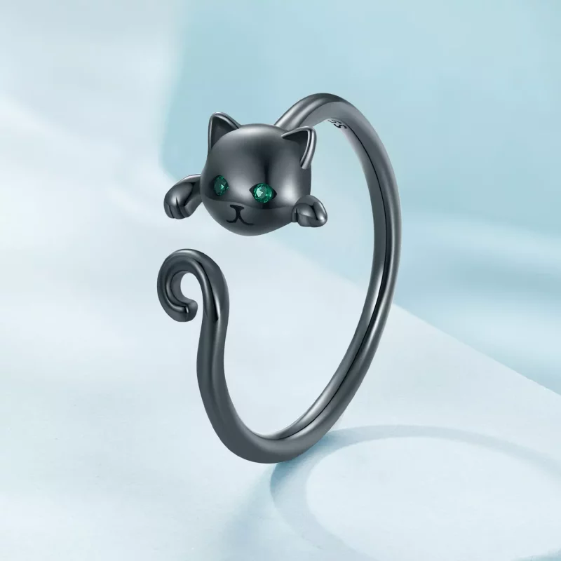 (imagen para) Anillo abierto negro de gato lindo estilo Pandora - SCR707-D - Ver 2