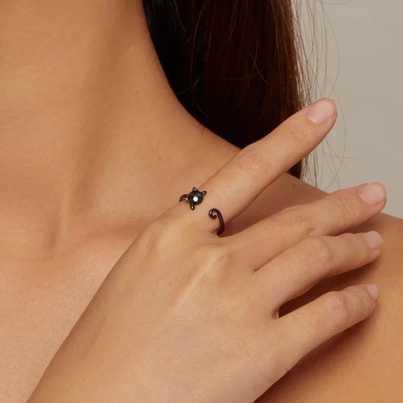 (imagen para) Anillo abierto negro de gato lindo estilo Pandora - SCR707-D - Ver 4