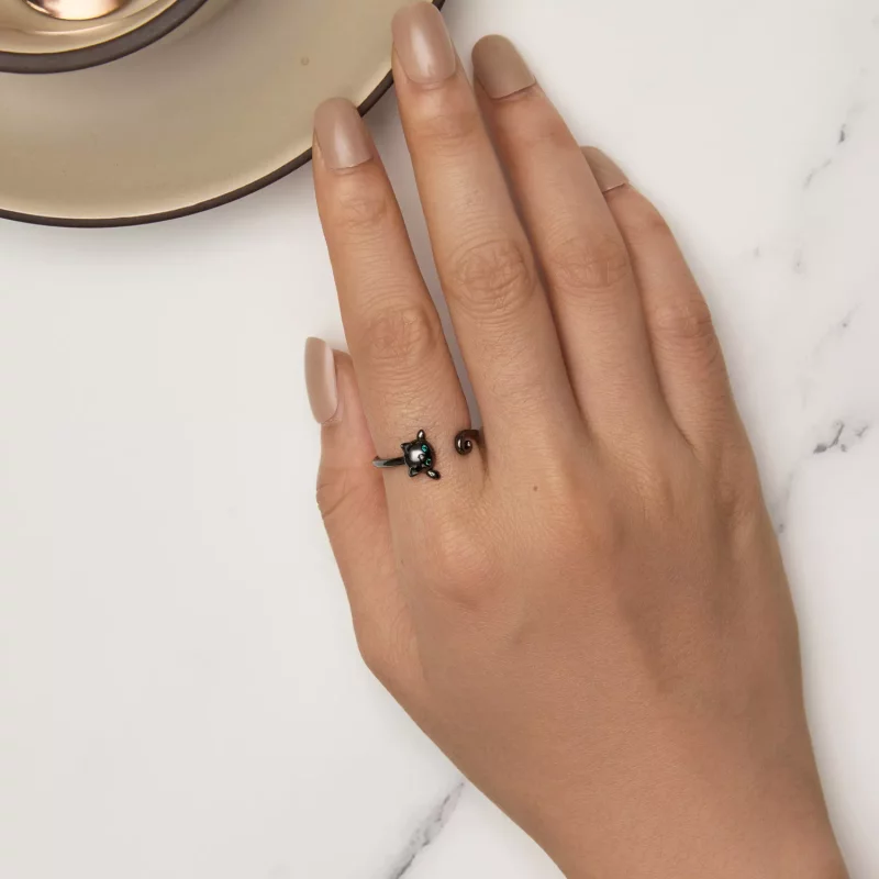 (imagen para) Anillo abierto negro de gato lindo estilo Pandora - SCR707-D - Ver 5