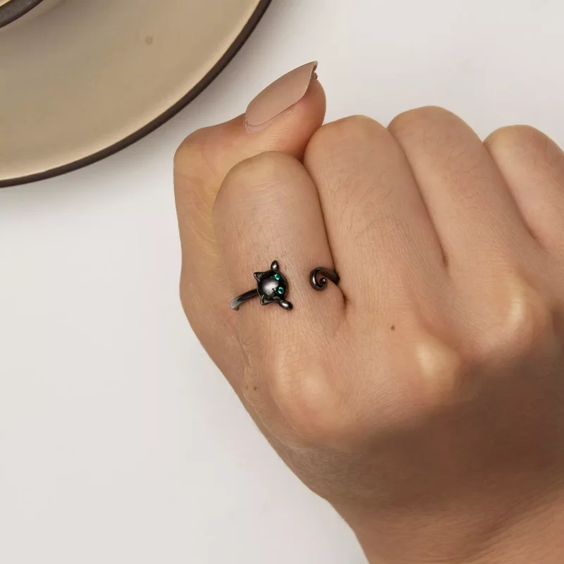 (imagen para) Anillo abierto negro de gato lindo estilo Pandora - SCR707-D - Ver 6