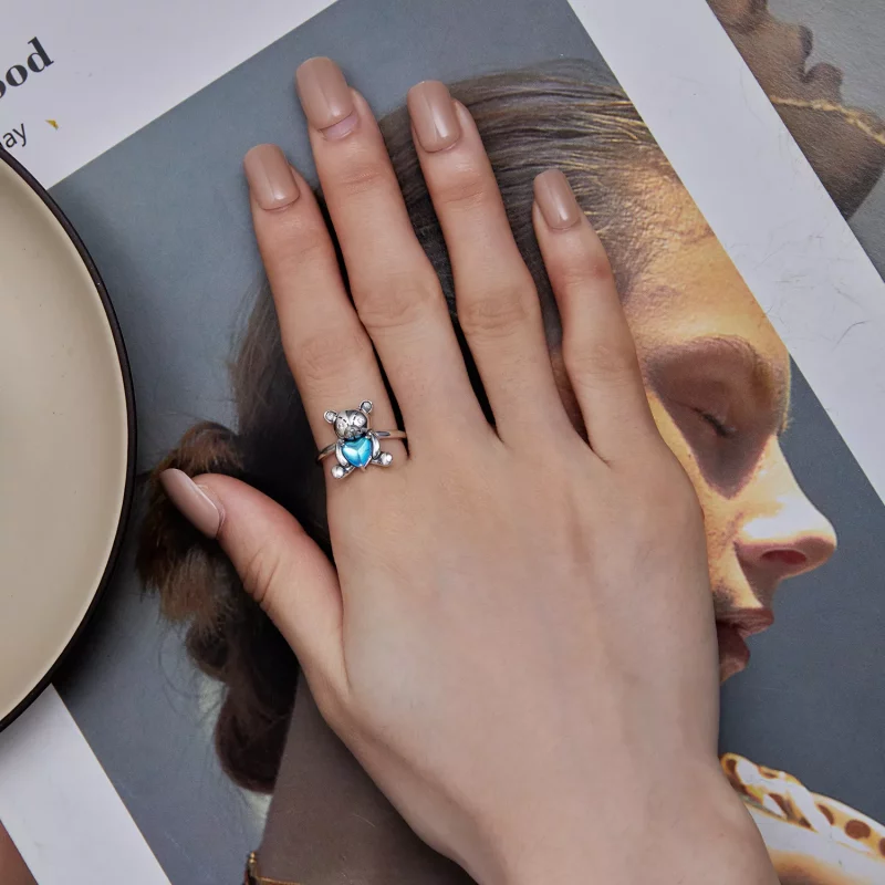(imagen para) Anillo de apertura estilo Pandora con oso abrazo - SCR921 - Ver 6