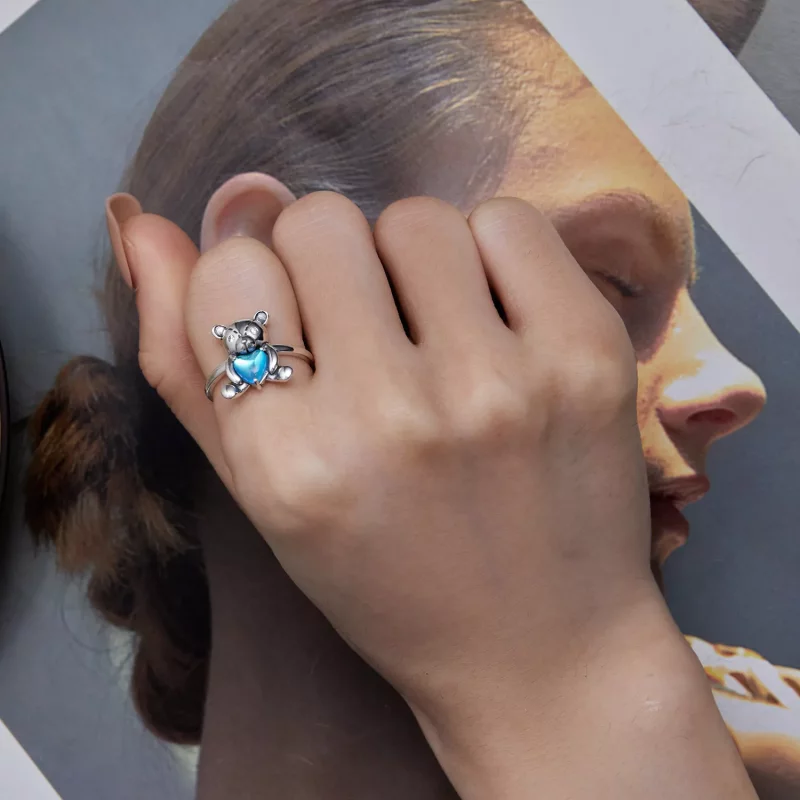 (imagen para) Anillo de apertura estilo Pandora con oso abrazo - SCR921 - Ver 7