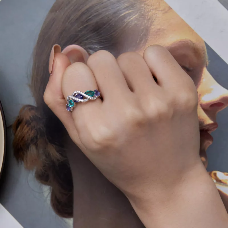 (imagen para) Anillo de cuerda lujoso con nanocircón de color estilo Pandora - BSR402 - Ver 7