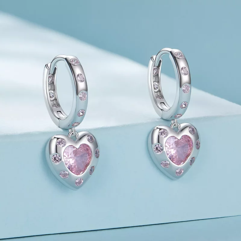 (imagen para) Aretes de argolla en forma de corazón rosa estilo Pandora - SCE1625 - Ver 2