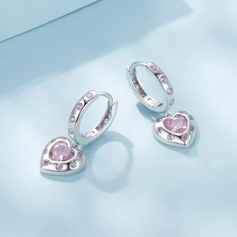 (imagen para) Aretes de argolla en forma de corazón rosa estilo Pandora - SCE1625 - Ver 3