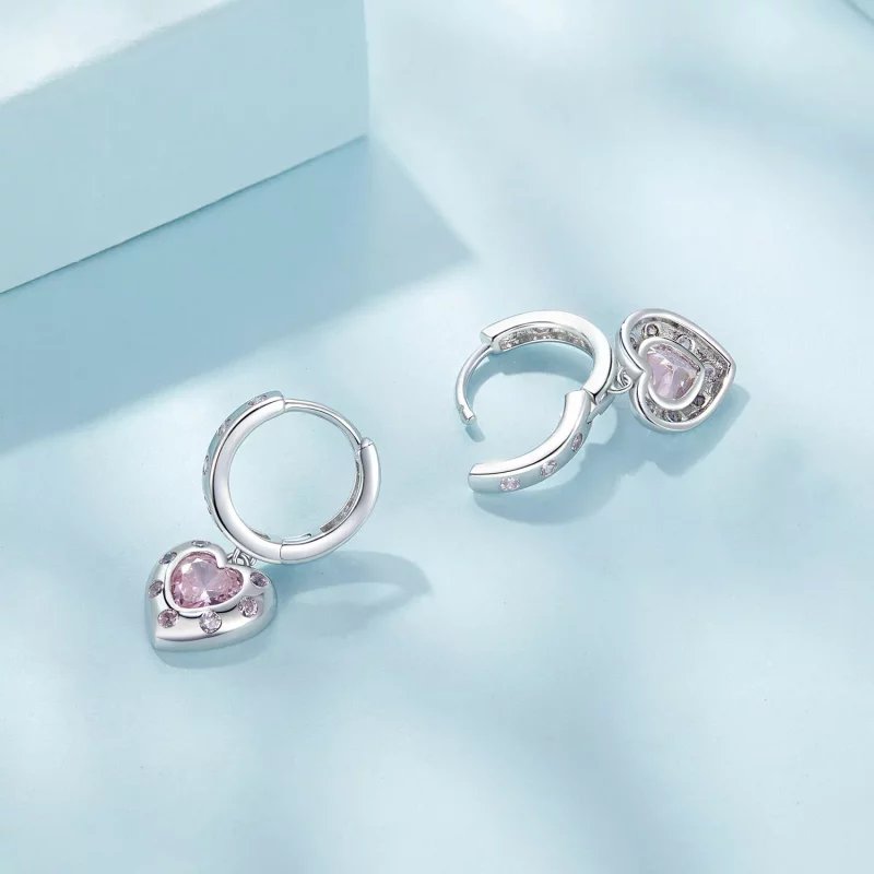 (imagen para) Aretes de argolla en forma de corazón rosa estilo Pandora - SCE1625 - Ver 4
