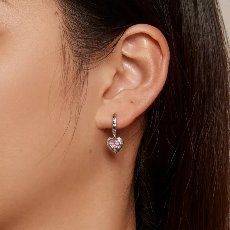 (imagen para) Aretes de argolla en forma de corazón rosa estilo Pandora - SCE1625 - Ver 5