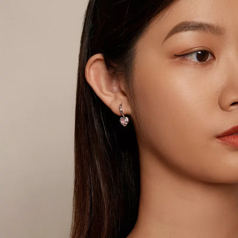 (imagen para) Aretes de argolla en forma de corazón rosa estilo Pandora - SCE1625 - Ver 7
