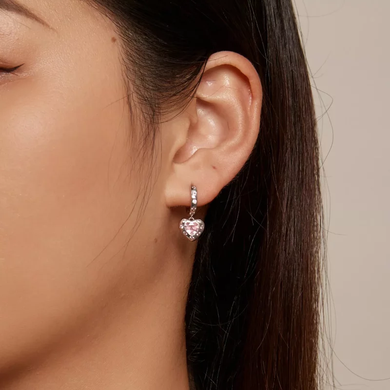 (imagen para) Aretes de argolla en forma de corazón rosa estilo Pandora - SCE1625 - Ver 8