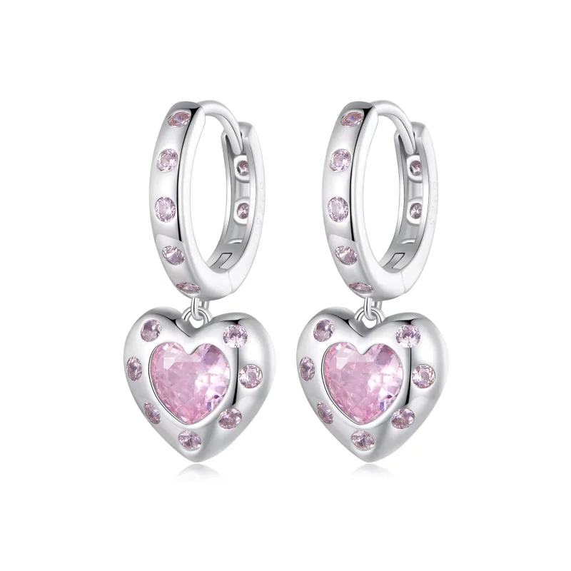 (imagen para) Aretes de argolla en forma de corazón rosa estilo Pandora - SCE1625