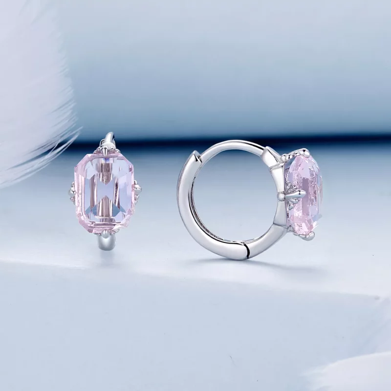 (imagen para) Aretes de Aro con Gema Rosa al Estilo Pandora - BSE889 - Ver 2