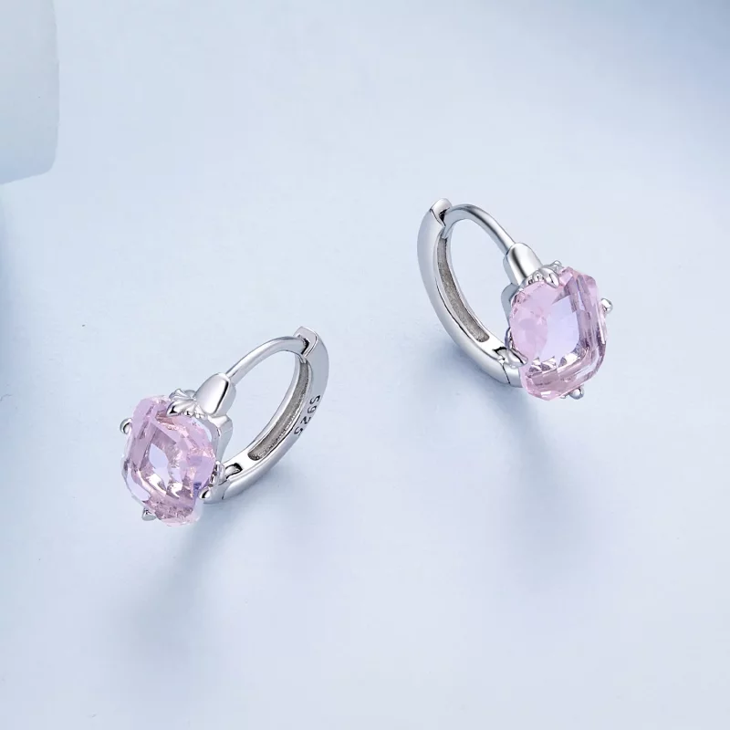 (imagen para) Aretes de Aro con Gema Rosa al Estilo Pandora - BSE889 - Ver 3