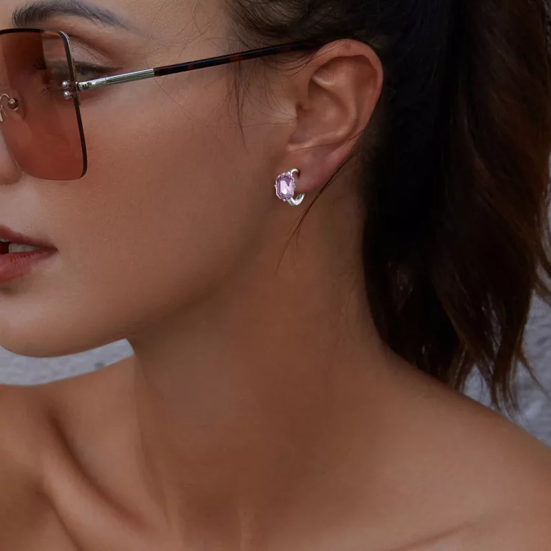 (imagen para) Aretes de Aro con Gema Rosa al Estilo Pandora - BSE889 - Ver 5