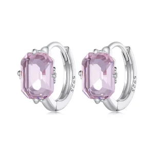 Aretes de Aro con Gema Rosa al Estilo Pandora - BSE889 (imagen para) Aretes de Aro con Gema Rosa al Estilo Pandora - BSE889