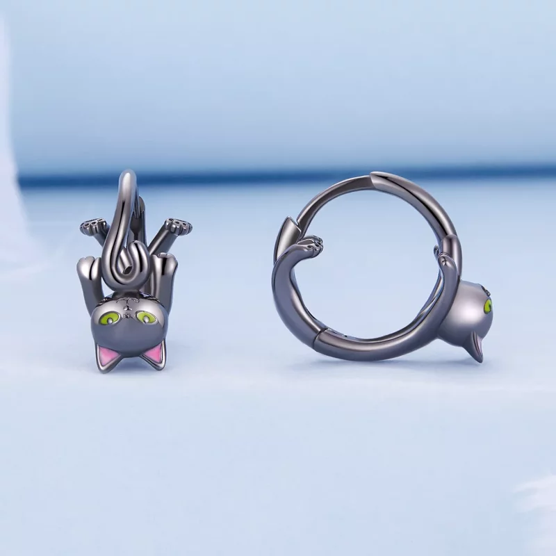 (imagen para) Aretes de aro estilo Pandora con gato negro - BSE798 - Ver 2