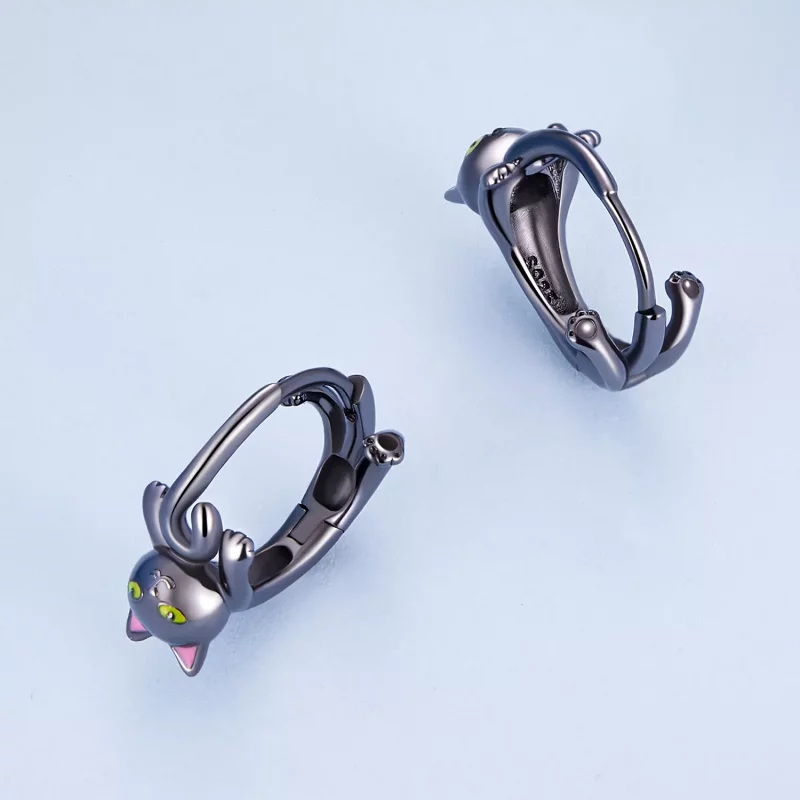(imagen para) Aretes de aro estilo Pandora con gato negro - BSE798 - Ver 3