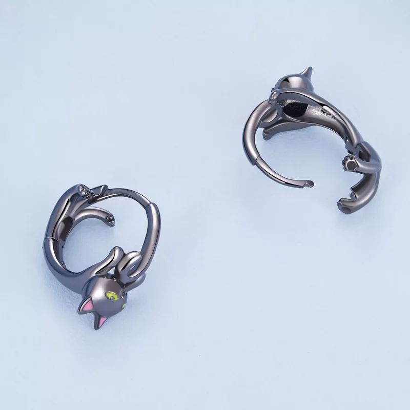 (imagen para) Aretes de aro estilo Pandora con gato negro - BSE798 - Ver 4