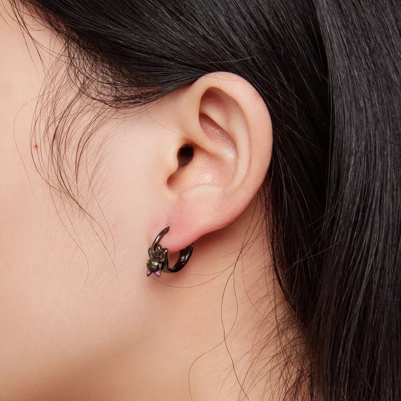 (imagen para) Aretes de aro estilo Pandora con gato negro - BSE798 - Ver 5