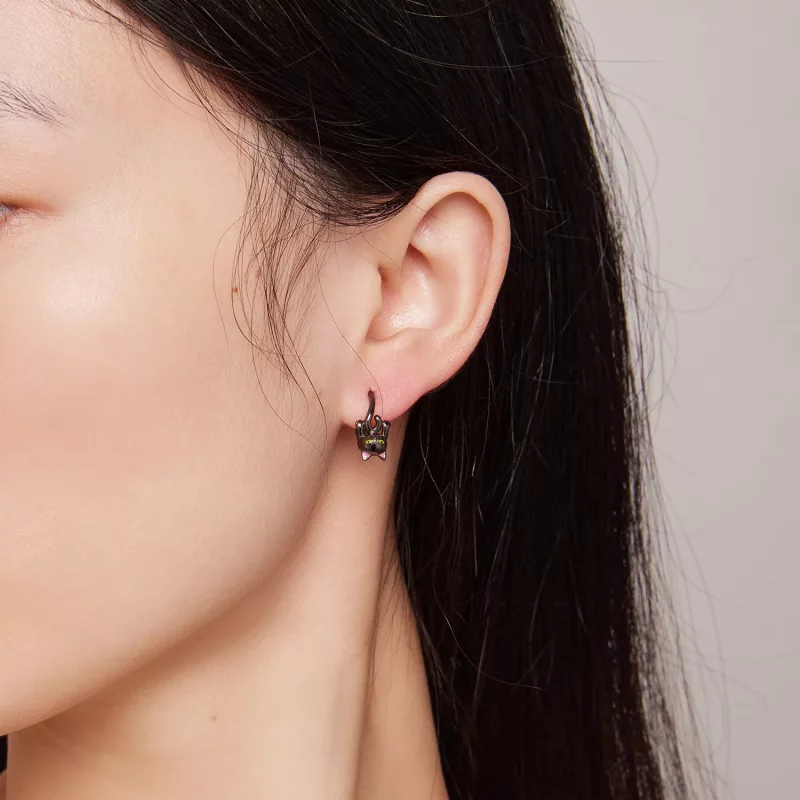 (imagen para) Aretes de aro estilo Pandora con gato negro - BSE798 - Ver 6