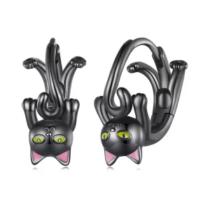 (imagen para) Aretes de aro estilo Pandora con gato negro - BSE798