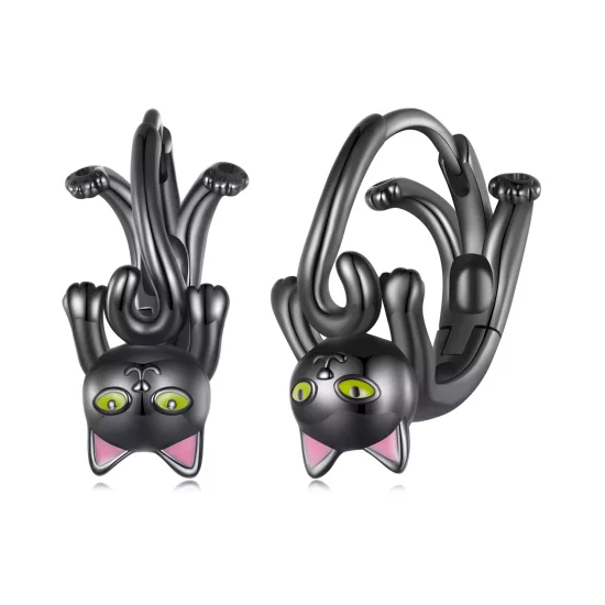 (imagen para) Aretes de aro estilo Pandora con gato negro - BSE798