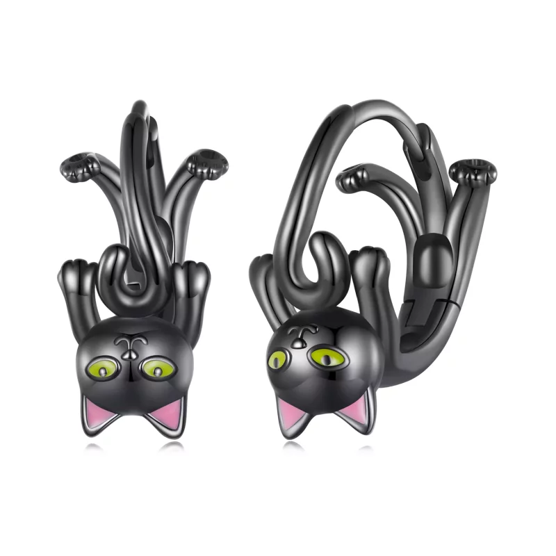 (imagen para) Aretes de aro estilo Pandora con gato negro - BSE798