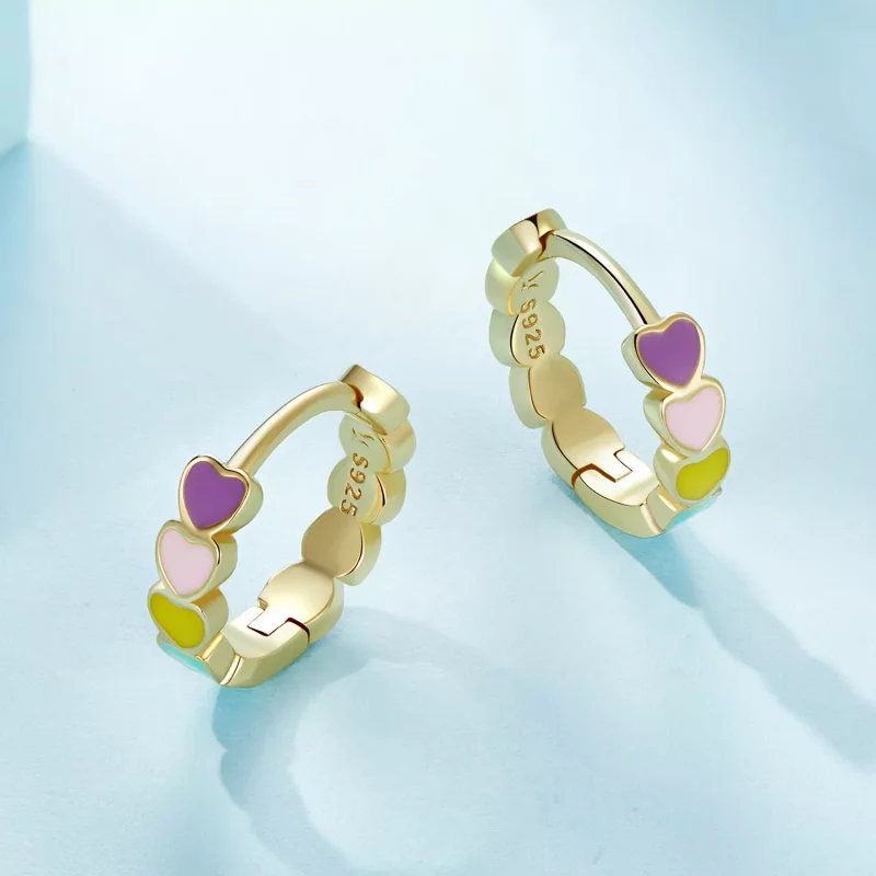 (imagen para) Aros de aro estilo Pandora con amor arcoíris dorado - SCE909-B - Ver 4