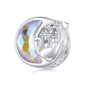 (imagen para) Charm estilo Pandora con diseño de gato a la luz de la luna - SCC2538