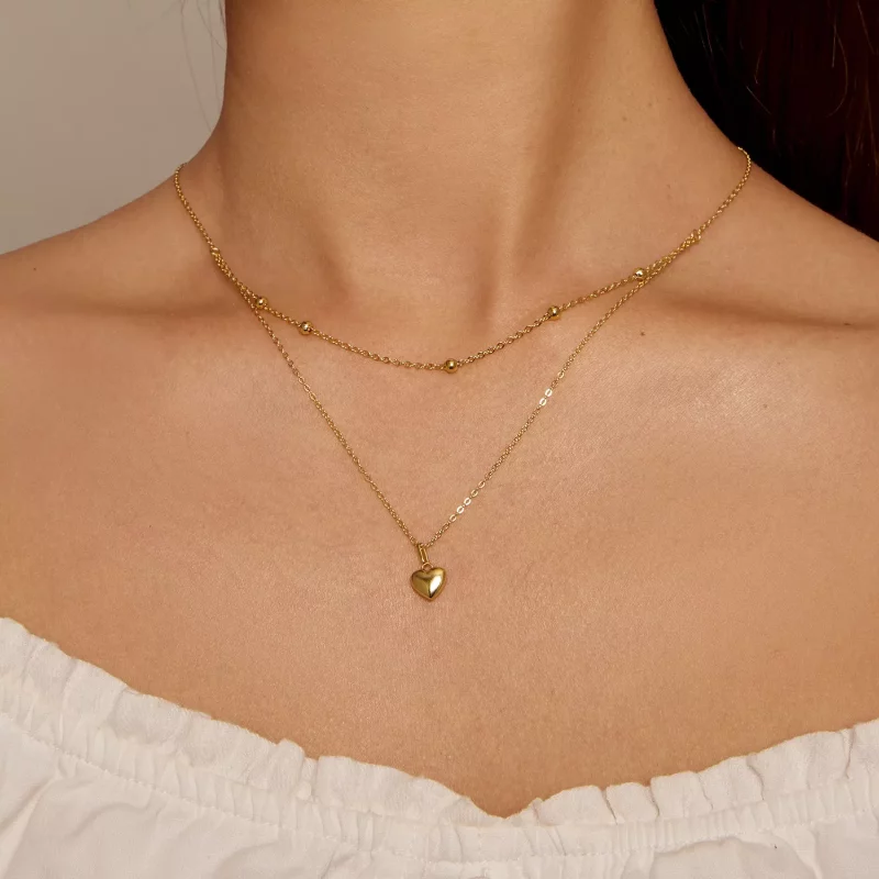 (imagen para) Collar de cuentas en forma de corazón dorado estilo Pandora - BSN168-B - Ver 4