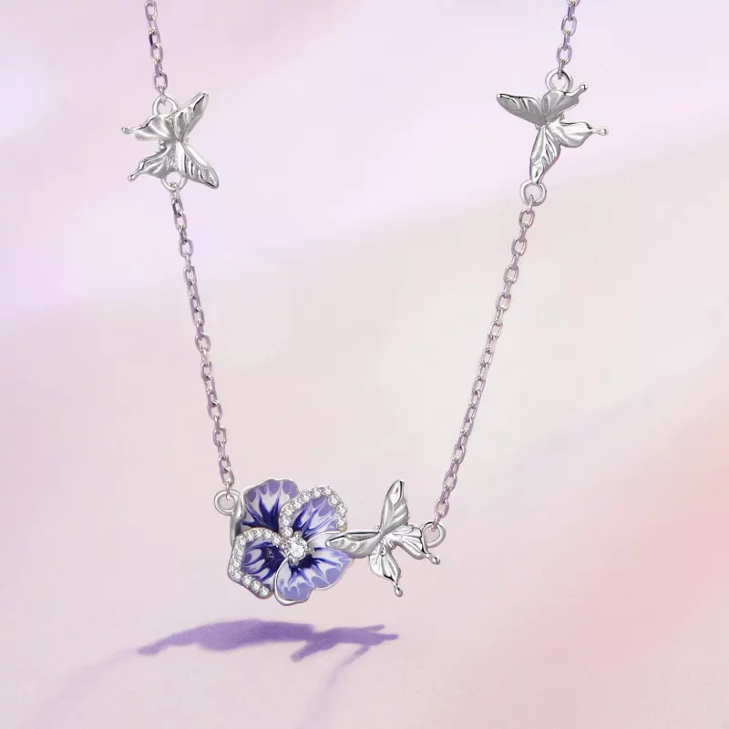 (imagen para) Collar elástico estilo Pandora con flores de pensamiento - BSN336 - Ver 2