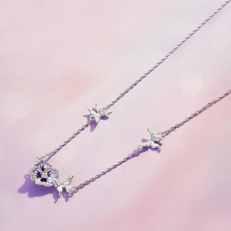 (imagen para) Collar elástico estilo Pandora con flores de pensamiento - BSN336 - Ver 3
