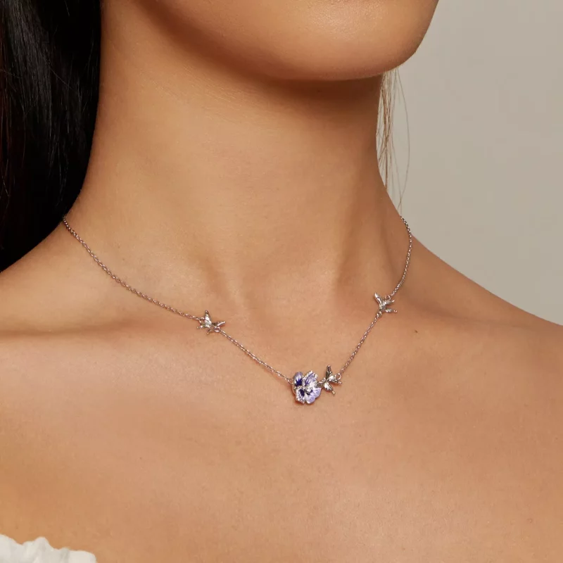 (imagen para) Collar elástico estilo Pandora con flores de pensamiento - BSN336 - Ver 5