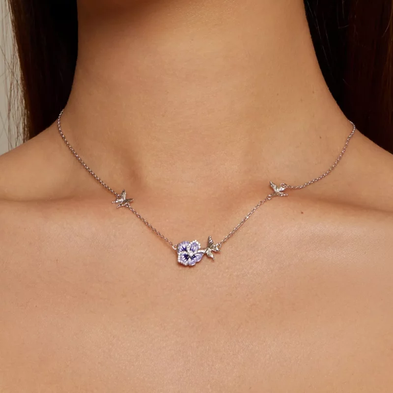 (imagen para) Collar elástico estilo Pandora con flores de pensamiento - BSN336 - Ver 6